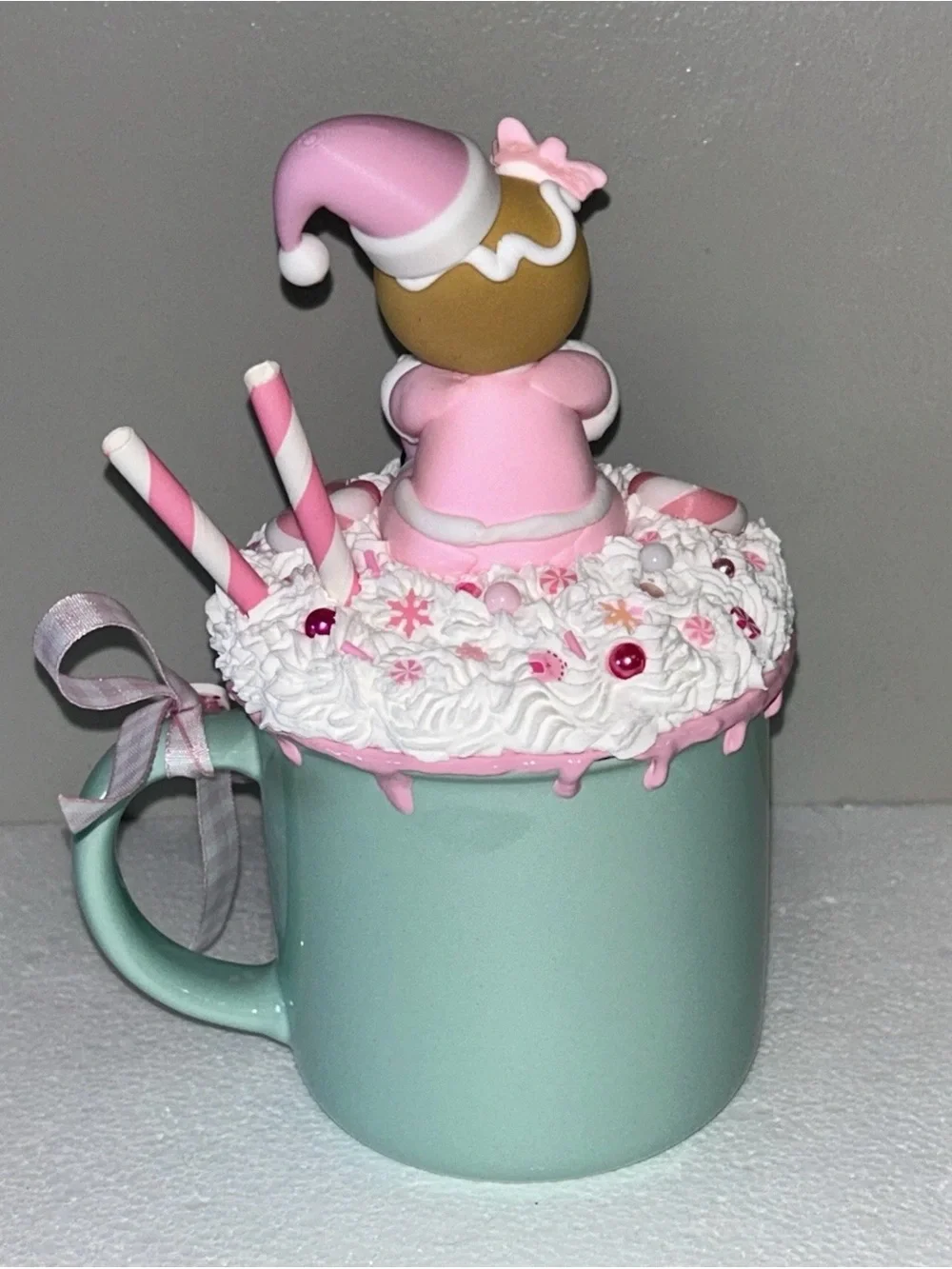 Mint Ceramic Holiday Fake Pink Santa Gingerbread Whip Cream Mug Handmade